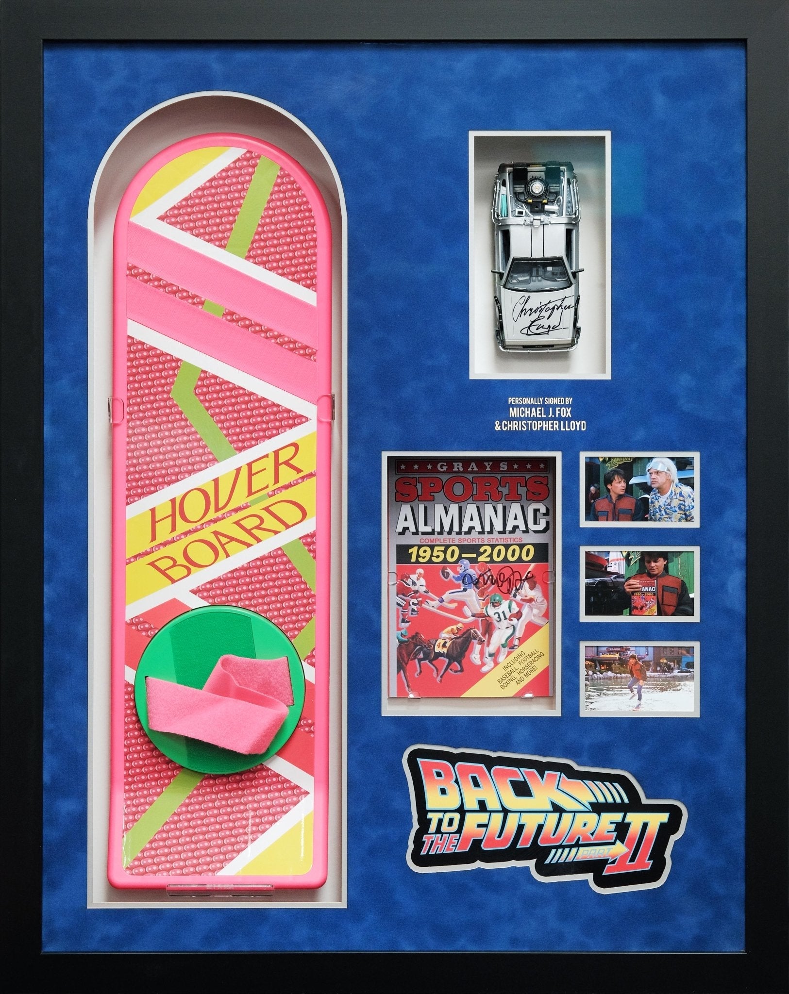 Michael J Foxx and Christopher Lloyd , Back To The Future 2 Signed Framed Display With Hoverboard - Memorabilia Framers Shop